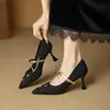 Zapatos de tacón alto de punta fina, tela tejida de moda, para mujer, nuevo estilo primavera y otoño, moño pequeño, versátiles, corte bajo, tacón de gatito, zapatos de vestir