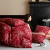 Juego de cuatro piezas de jacquard de doble capa de gasa teñido en hilo de algodón de alta gama para boda en rojo, sábana y funda de edredón de algodón puro, ropa de cama para boda