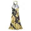 Verão Transfronteiriço Novo Estilo Feminino Francês Retrô Estampado Design Vazado Costas Nuas Sexy Vestido de Alça para Férias na Praia