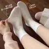 Calcetines largos con estampado floral rosa, estilo mujer, calcetines de otoño temprano estilo coreano hasta la mitad de la pantorrilla, con ribete dulce de encaje, estampado de lunares, sin costuras, resistentes al olor y con diseño de volantes