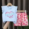 Verano Nuevo Estilo Conjunto de Dos Piezas de Shorts con Mangas de Murciélago para Niñas Traje de Manga Corta para Niñas de Algodón Puro Estilo Europeo y Americano Ropa de Verano para Bebés y Niños
