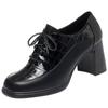 Sapatos femininos de couro com cadarço, novos sapatos de couro femininos de meia-idade, estilo britânico, salto grosso, sapatos femininos de sola macia, salto alto