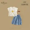 Xiafan Verano Nuevo Estilo Bebé y Niño Pequeño Clase a Conjunto de Niña Manga Corta Mezclilla Pantalón Tres Cuartos Conjunto de Dos Piezas para Bebés Niñas