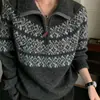 Suéter Cardigan Retrô Estilo Coreano Gola Alta Jacquard Fair Isle Lapela Quente com Zíper para Mulheres Outono Peça de Roupa Emagrecedora