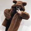Casaco de Pele Sintética Espesso de Comprimento Médio com Capuz, Corte Solto, Orelhas de Urso Fofas, Estilo Novo de Inverno 2025 para Mulheres