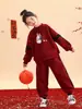 Traje de Ano Novo para Meninas 2025 Novo Suéter Vermelho com Laço e Calça de Moletom Esportiva Conjunto de Duas Peças Roupas de Ano Novo
