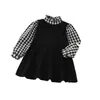 Cross 2026 Primavera Otoño Ropa Infantil Niñas Vestido Falso de Dos Piezas Cuadros Blanco y Negro Manga Larga Vestido Princesa Ropa Infantil de Comercio Exterior