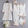 Pijama Sexy Feminino Primavera e Outono Fino Seda de Gelo Alça Longa Camisola Camisola Camisola Conjunto de Cinco Peças com Bojo Roupa Externa