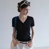Camiseta retro de manga corta con cuello en V estilo francés para mujer, top de punto fino y transpirable de verano con diseño único de nicho