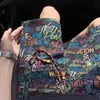 Shorts de Tricô Estilo Retro Graffiti Americano para Homens, Design de Nicho de Verão, Calças de Praia Casuais Largas