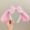 Diadema de orejas de conejo de felpa rosa con lazo lindo, tocado de lavado de cara Lolita, diadema de dibujos animados para niñas
