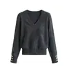 Elegante suéter de tricô cinza com decote em V estilo francês para mulheres, suéter de outono, deslumbrante top de base ajustado ao corpo