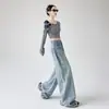 Jeans de mezclilla lavada sueltos de cintura alta para mujer, pantalones rectos holgados que estilizan, pantalones largos hasta el suelo, pantalones de pierna ancha, pantalones azules largos