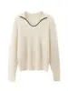 Sofisticación Old MoneySuéter de Punto Pesado Cepillado Suave y Cómodo de Color Contrastante con Cuello Plegable para Mujer, Otoño/Invierno