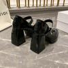 Sapatos Mary Jane salto grosso plataforma plataforma sola grossa aumentada japonês quente menina couro envernizado preto elegante francês sapatos de couro de salto alto