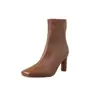 Botas Elásticas Super Stretch Femininas Botas Emagrecedoras Outono Novo Estilo Versão Coreana Bico Quadrado Zíper Traseiro Salto Agulha Botas da Moda Botas Elásticas Femininas para Tornozelo