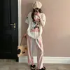 Bonito conjunto de casa de algodón nube de verano para mujer, pantalón largo a rayas de manga corta con personaje de Minnie, pijama holgado para mujer apto para usar en exteriores