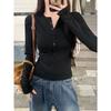 514 # Foto Real de Algodão Puro de 40 Fios (92% Algodão/8% Elastano) Camiseta de Manga Longa Outono 2026 para Mulheres com Gola Padre