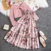 Conjunto de Ropa para Niñas Transfronterizo Ropa Europea y Americana para Niños 2026 Primavera y Otoño Nuevo Estilo Vestido de Tirantes Florales y Cárdigan de Manga Larga Conjunto de Dos Piezas