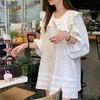Vestido Suelto Casual de Otoño para Mujer con Puño Dulce, Cuello con Volantes, Cintura de Corbata, Manga Abullonada, Falda Corta 17355