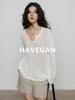 Camisa Cubre-traje Delgada Protectora del Sol de Manga Larga con Cuello en V, Holgada y Cómoda, para Mujer, Top Casual para Viajes Diarios