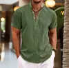 Camisa Masculina de Manga Curta Estilo Europeu e Americano para o Verão, Camisa Masculina Meio Aberta de Cor Pura com Gola Alta, Manga Curta de Linho