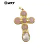 Wt-Jp449 Novo Pingente Longo com Pedras Coloridas em Formato de Cruz, Inlay de Concha Branca e Pedras com Glitter Ametista