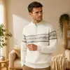 Suéter de punto de moda popular transfronterizo para hombre con patchwork y cuello alto con media cremallera. Disponible en gris oscuro, blanco roto y caqui