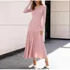 Vestido de Tricô Longo com Manga Longa e Pedrarias Gola Redonda para Mulheres, Vestido Longo de Corte Justo para Mulheres, Vestido de Outono e Inverno para Mulheres, Elegante Estilo Longo