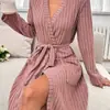 Bata de Baño Rayas Verticales Cruzadas de Comercio Exterior con Escote en V y Cordones para Ajustar la Cintura para Mujer Suave Amigable con la Piel Bata de Mañana para el Hogar con Bolsillos Pijama