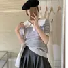 Camiseta de Seda de Gelo de Manga Curta para Mulheres 2026 Nova Popular Verão Listrada Fashionável Única Elegante Top com Gola Azul Marinho