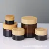 Frasco de crema de vidrio marrón con tapa de veta de madera, frasco de muestra, frasco dispensador de gel de aloe vera cosmético, crema para ojos, crema facial, botella de loción