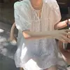 Diseño Blanco Francés Top de Encaje Calado para Mujer Verano Versátil Suelto Camisa de Manga Corta Camisa Manga Abullonada
