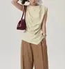 Camisa Elegante de Verão para o Trabalho com Gola Drapeada, Sem Mangas, Chic, Slim Fit com Mangas Levemente Volumosas
