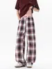 Pantalones casuales a cuadros rojos estilo retro americano para hombre, marca de moda, fluidos, ligeramente acampanados, pantalones hasta el suelo, pantalones a cuadros de pierna recta para personas altas