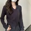 Estilo Old Money Gris de Alta Gama Top de Punto con Cuello en V para Mujer Otoño Invierno Engrosado Suave Pegajoso Ropa Interior Suéter Ropa Exterior Top