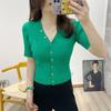 Roupa Feminina Estilo Francês com Botões Dourados, Suéter de Tricô com Decote em V, Ajuste Slim, Top Cardigã Moderno de Manga Curta Canelado, Estilo Curto