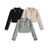 Traje Elegante de Manga Larga Estilo Universitario para Mujer Nueva Moda Retro Cuello Polo Pulóver Solapa de Tres Botones Sudadera Ajustada