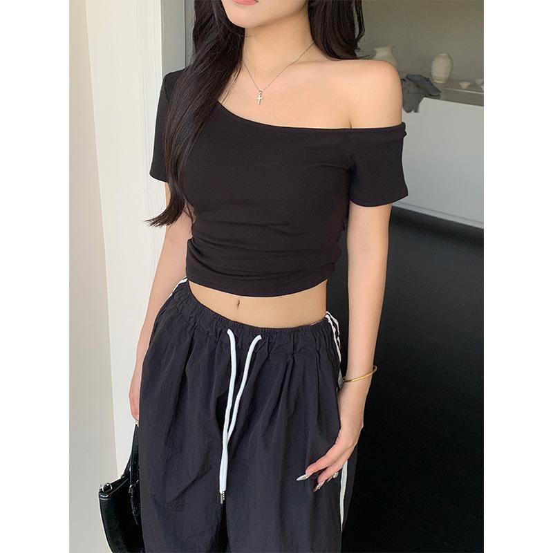 复制_深蓝色辣妹斜肩短袖修身T恤女夏季紧身短款.jpg