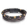 Pulsera de Cuero Tejida a Mano Estilo Retro con Piedra Volcánica Natural Hebilla Magnética Multicapa Pulsera de Hilo con Ojo de Tigre para Hombre