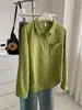 Camisa de Hilo de Algodón Verde Hierba Blanqueadora Retro para el Trabajo de Oficina, Camisa de Algodón Puro Lavado con Solapa y Bolsillo para Mujer, Temperamento Artístico, Otoño