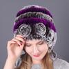 Cálido Gorro Grueso con Protección para las Orejas de Piel de Conejo Rex Tres Pompones Otoño e Invierno Gorro Redondo Tejido Sombrero de Lana para Mujer