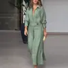 Ropa de mujer transfronteriza europea y americana 2026: vestido largo simple y casual con cuello de solapa, bolsillos y un cinturón