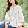 Ventas Directas de Fábrica Estilo Nuevo de Primavera Camisa Bordada de Algodón Puro Estilo Literario Cuello en V Femenino Cuello de Encaje Top Chic para Mujeres