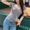 Top de Punto con Cuello en U y Ribete de Encaje Estilo Coreano Cross-Border Ys para Mujer, Camiseta Elegante y Versátil de Manga Corta Ajustada