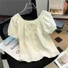 Blusa corta de manga corta abullonada con hombros descubiertos estilo francés para mujer, top pullover holgado de verano con volantes y cordones, fresco y elegante