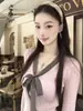 Blusa de tricô listrada xadrez rosa estilo coreano com amarrações para mulheres, corte justo, elástica, super estilosa, perfeita para primavera e outono
