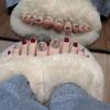 12 Peças de Unhas do Pé Puramente Feitas à Mão, Unhas Vestíveis, Manicure Olho de Gato Vermelho Vinho Branco, Adesivos para Unhas do Pé, Produtos Acabados, Atacado Estilo Curto