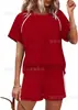 2026 Comercio Exterior Transfronterizo Europeo y Americano Primavera y Verano Nuevo Estilo Cuello Redondo Manga Corta Traje Elástico Shorts Deportivos Casuales Conjunto de Dos Piezas para Mujer