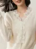 Cárdigan Corto de Encaje Suéter Chaqueta Otoño e Invierno Cárdigan de Cachemira para Mujer Cuello de Montaña Tejido de Punto Mangas Largas